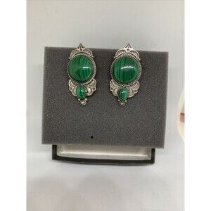 REVE Jewelry Signed Sterling Silver Malachite Drop Earrings Southwestern